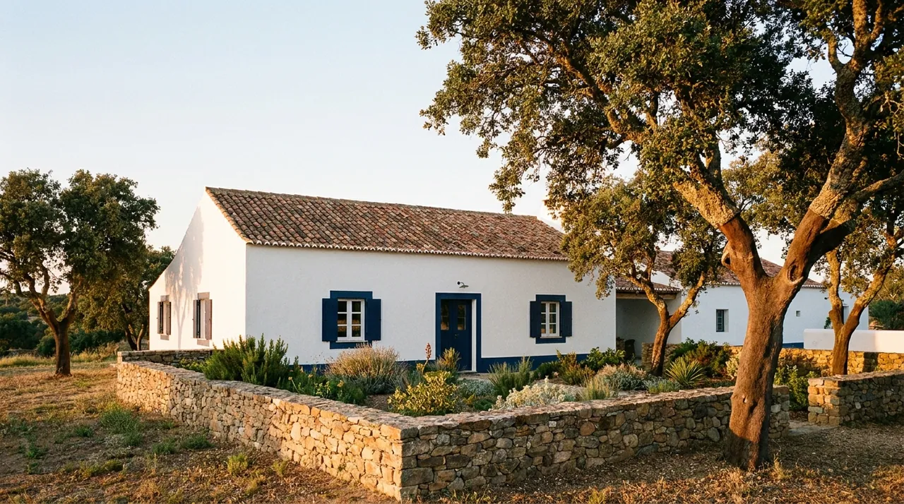 Restored whitewashed farmhouse with terracotta roof tiles at golden hour