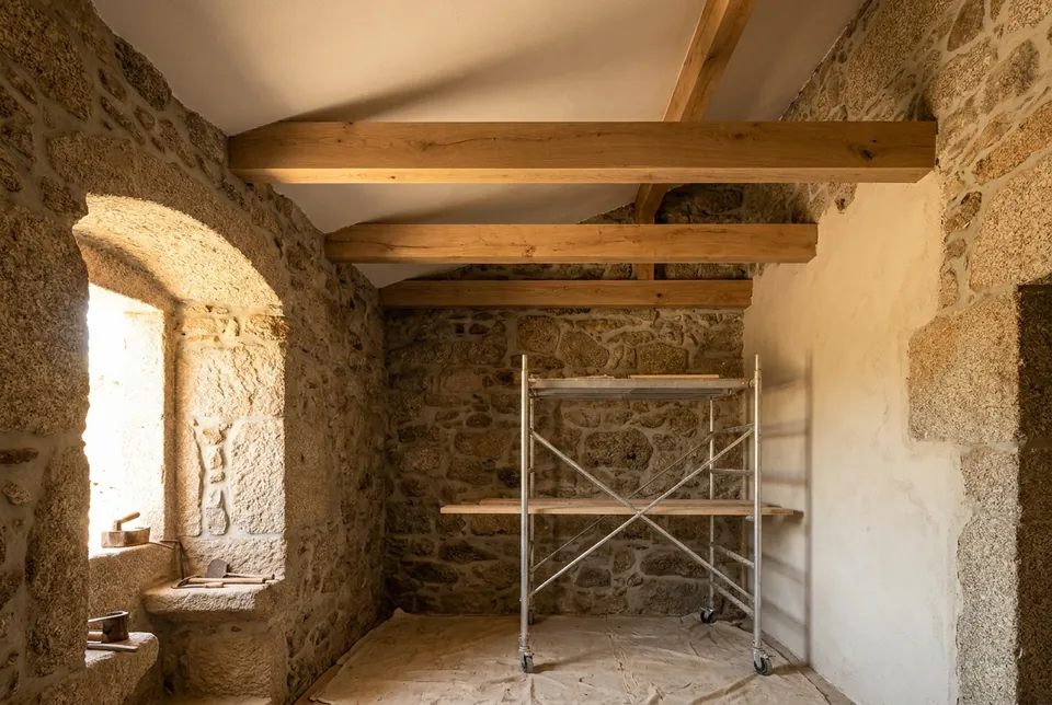 Interior of an old stone house under careful restoration, with exposed stone walls and new oak beams