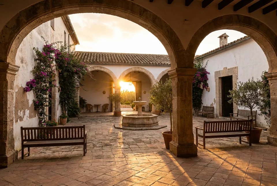 Courtyard of a Spanish rural finca with arches and terracotta tiles in the evening light